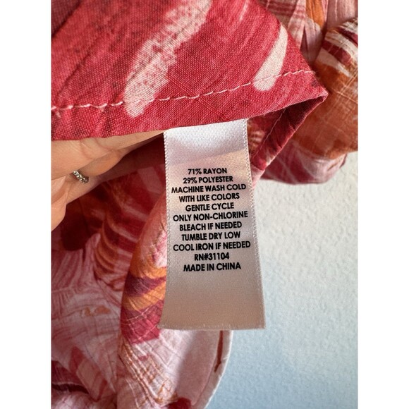 Kim Rogers Women's Pink Hawaiian Banana Leaf Henley Blouse Roll Tab Large - Picture 5 of 9